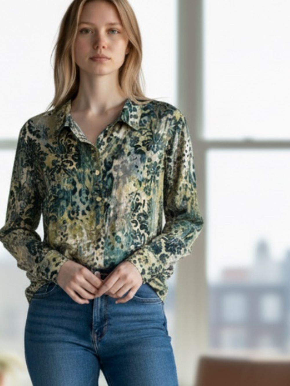 Chico's Teal, Olive & Cream Printed Button-Down Blouse
